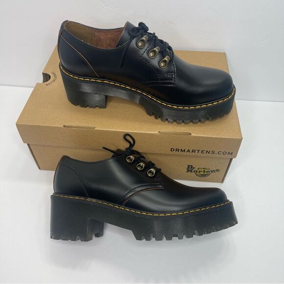 Dr. MARTENS Leona Lo Size 9 Vintage Smooth Leather Lug Sole Heeled Shoe, Black - Picture 9 of 13